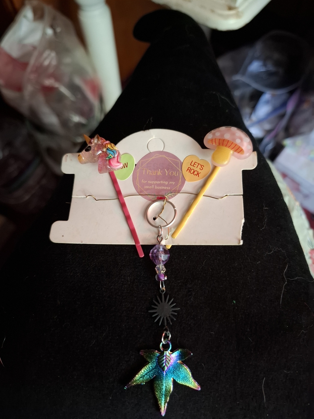 Whimsical Unicorn & Mushroom Hair Pins with Iridescent Leaf Hair Charm